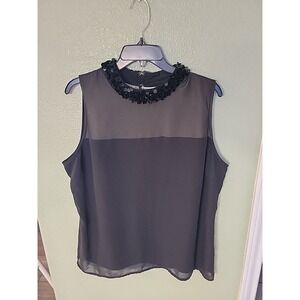 Worthington Womens XL Mock Neck Sleeveless Classic Embellished Black Sheer Layer